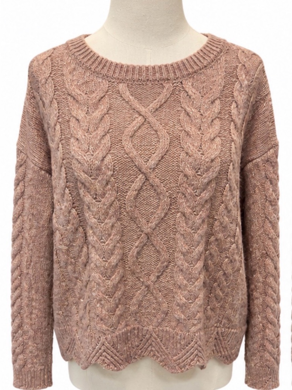 Lucky Brand Cable Knit Sweater Size M Dusty Rose Gold Metallic Shimmer